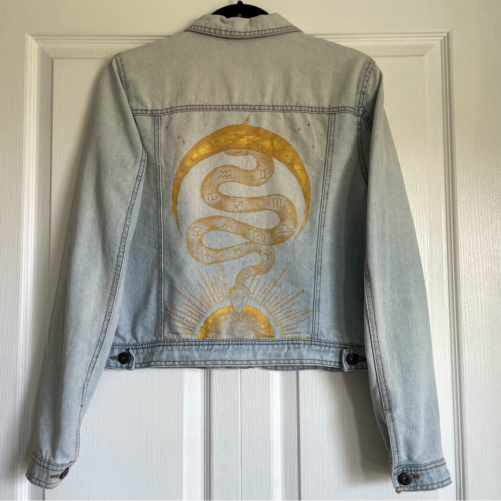 Hand Painted Light Wash Denim Jacket with Gold - Teen Large/Adult Small